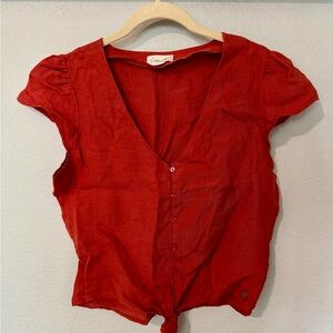 Cotton Club burnt orange V-Neck Button Front Tie Hem Top